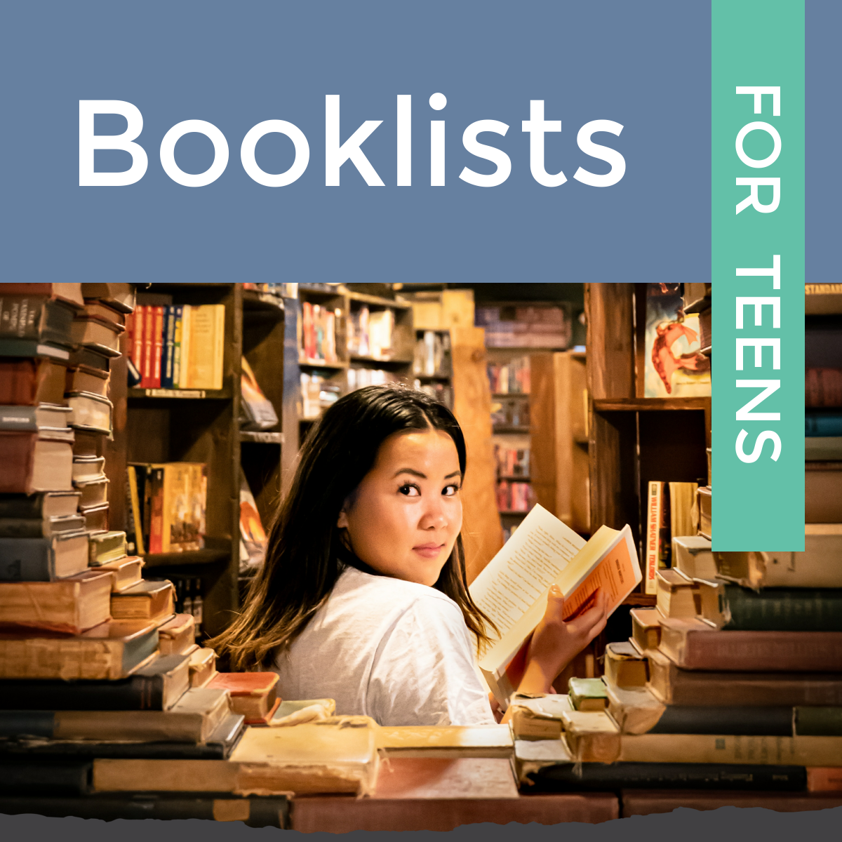woman looking at camera surrounded by books with text booklists for teens