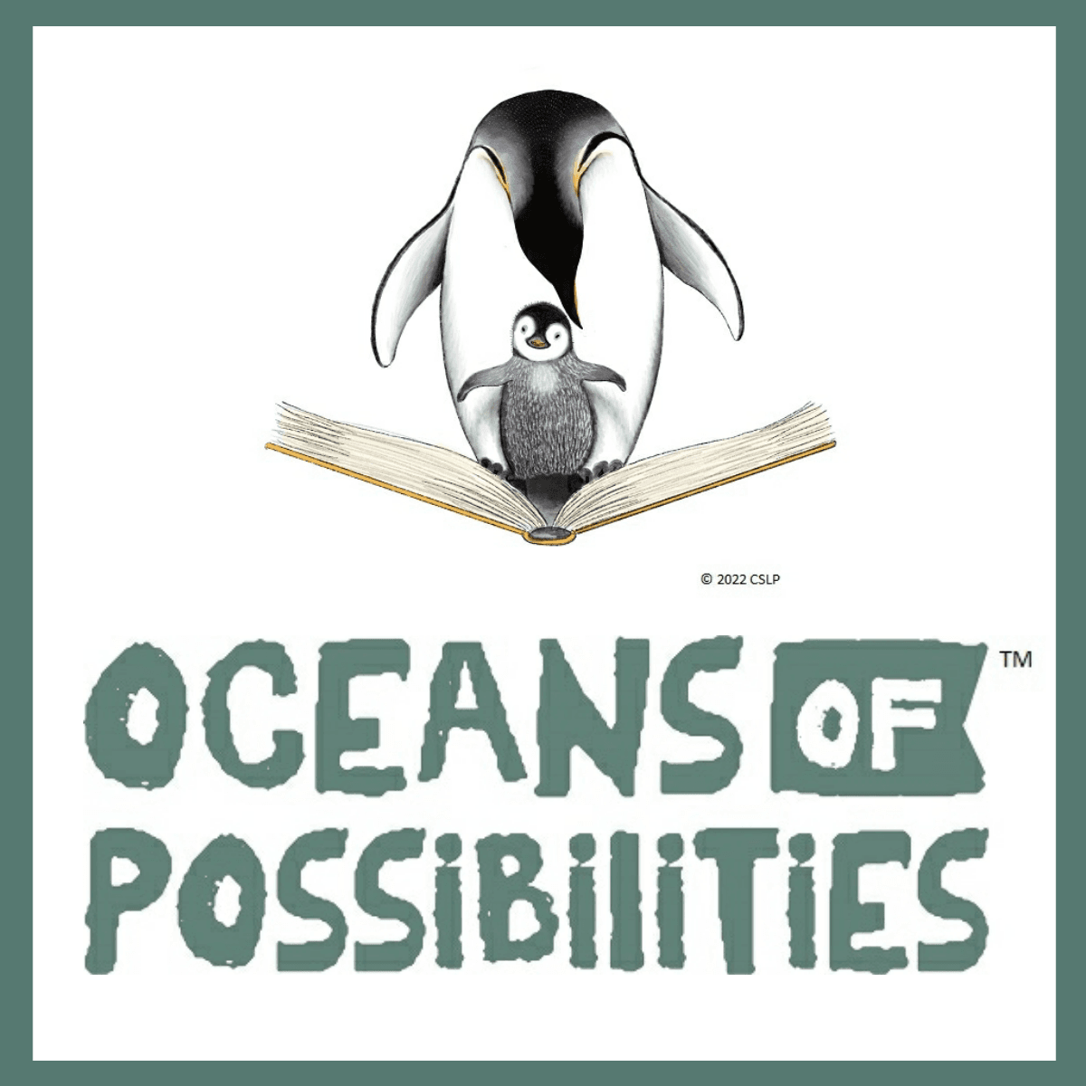 two penguins, a larger and a smaller reading a open book with text oceans of possiblities
