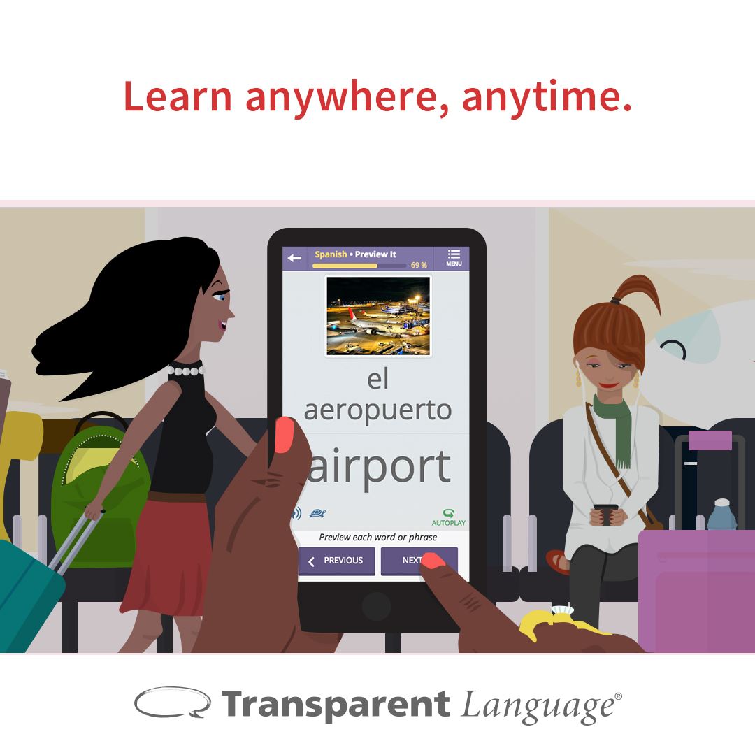 people on the go with text learn anywhere anytime and logo transparent language online
