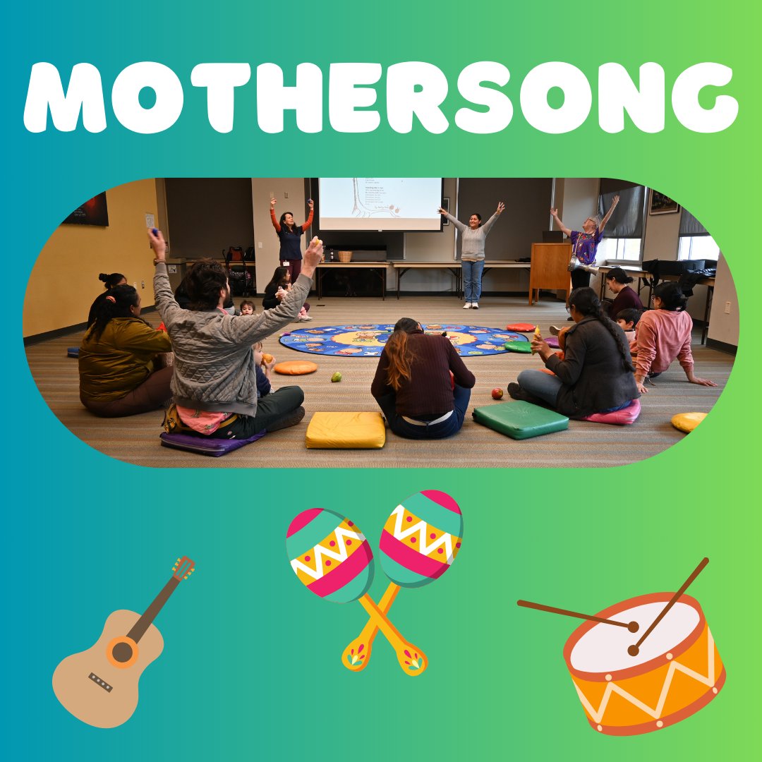 cartoon guitar and music notes with text mothersong with joya winwood