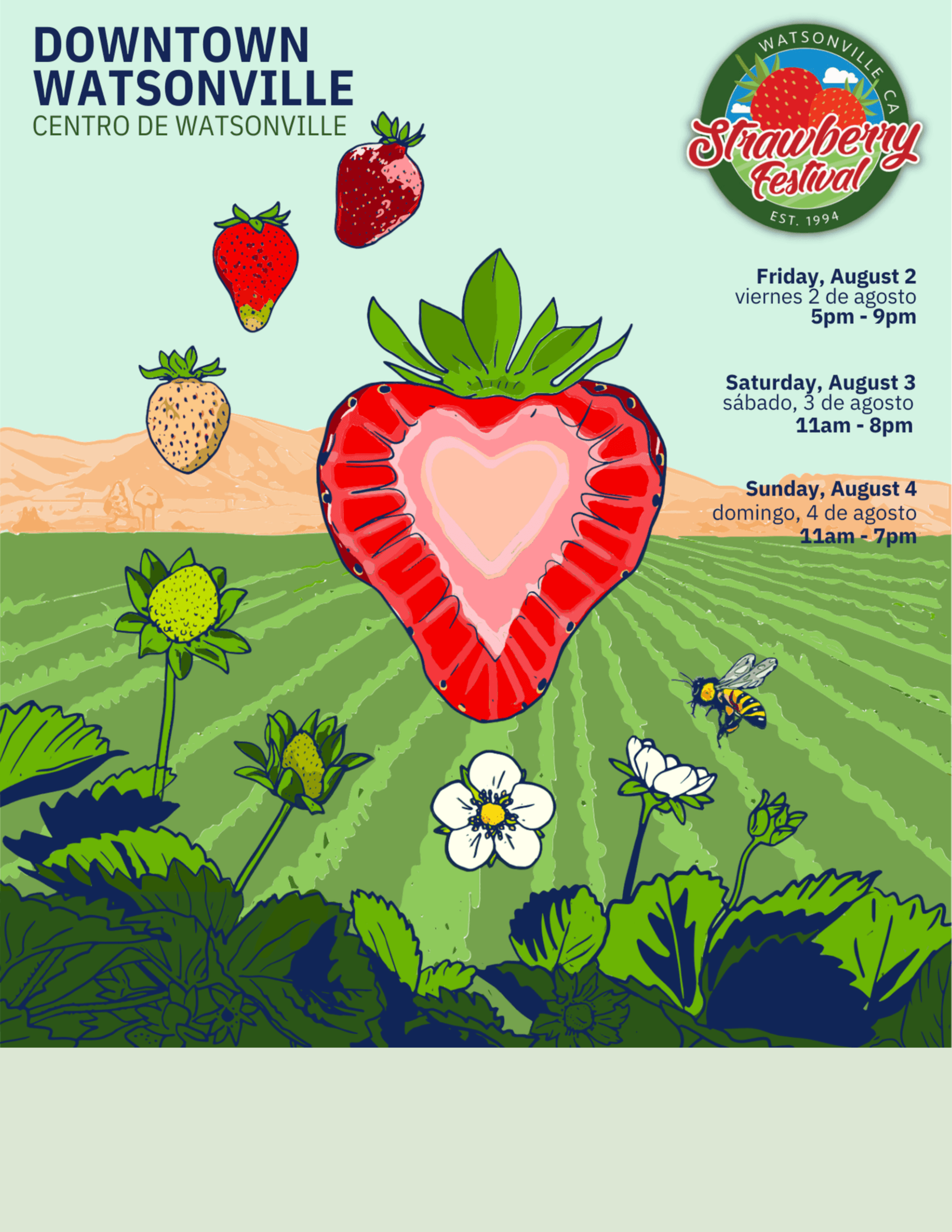 Large strawberry over agricultural fields 