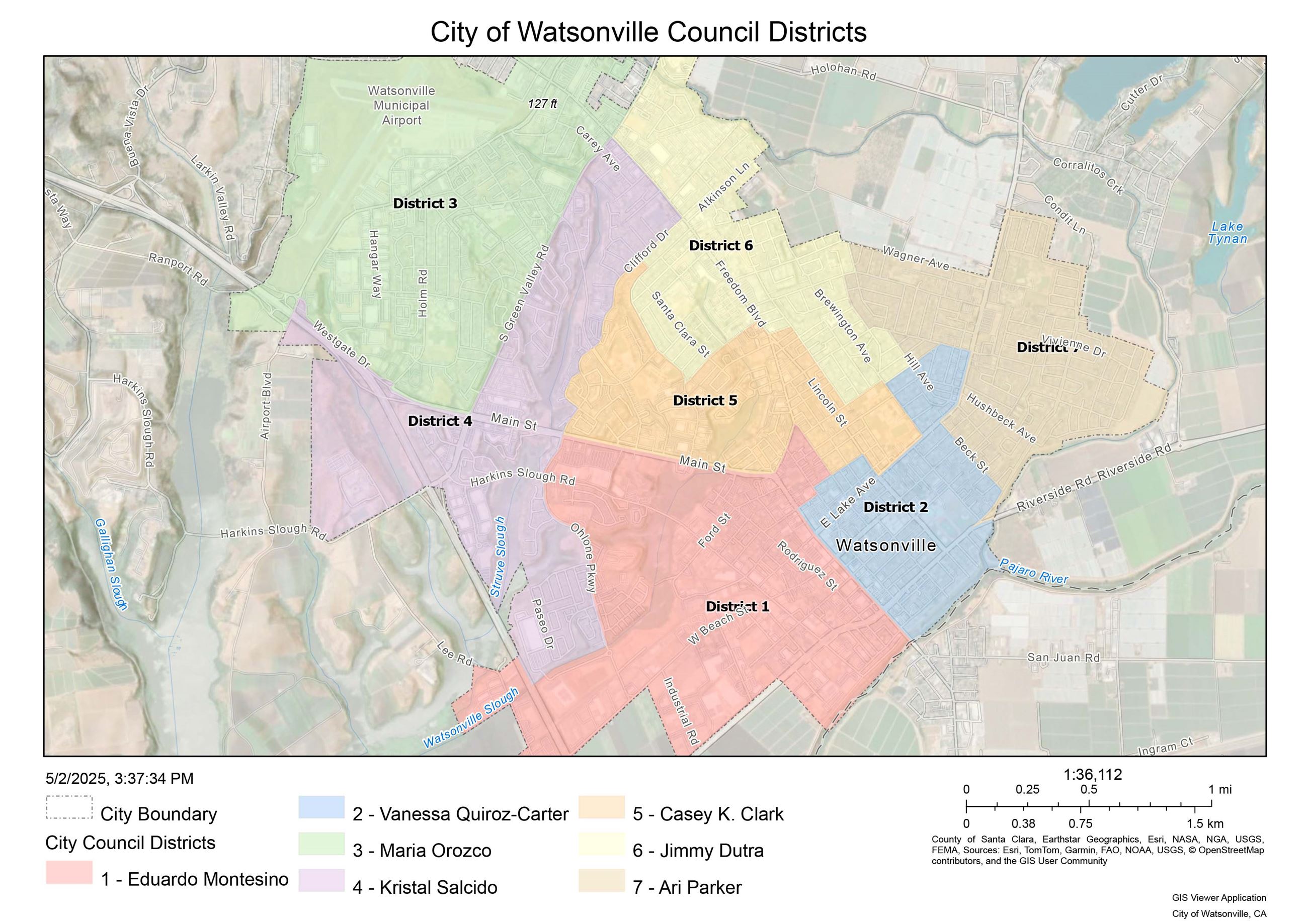 Map of the City of Watsonville with its seven districts outlined in different colors