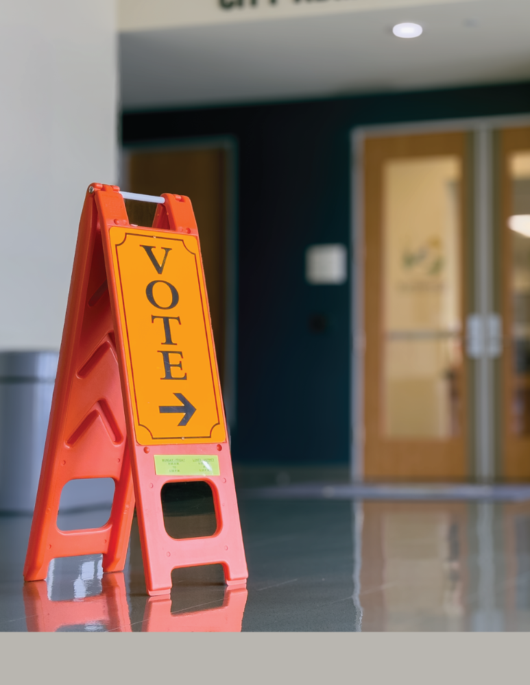 Voting sign stationed in front of City Admin Offices 