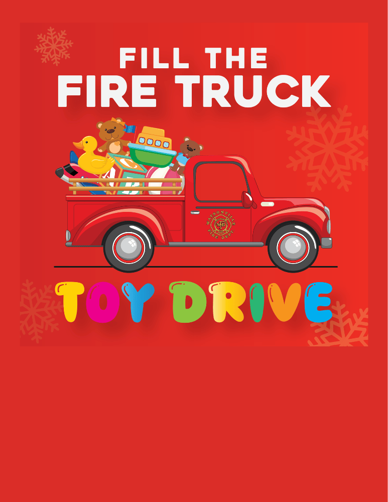 A cartoon graphic of a fire truck with gifts