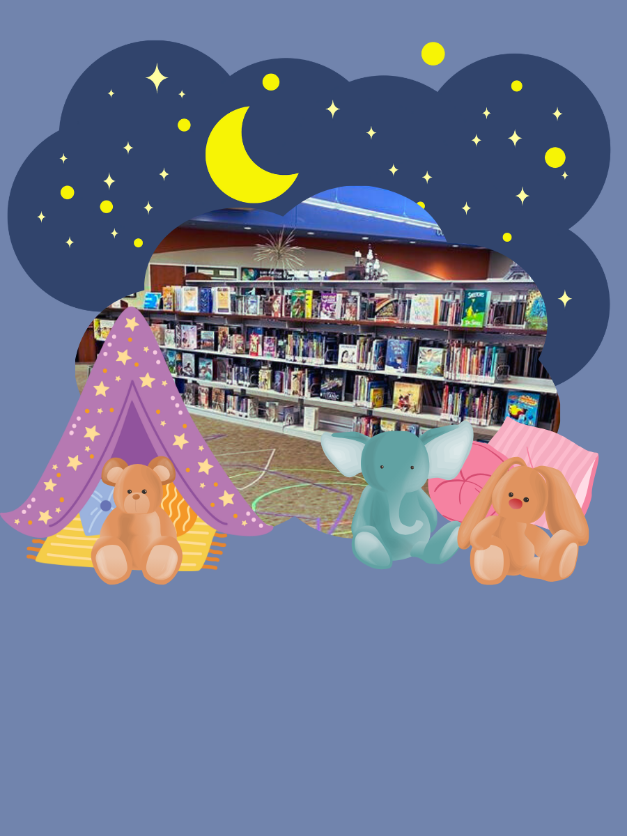 Cuddly stuffed animals having a sleepover with an image of the library shelves in the background.