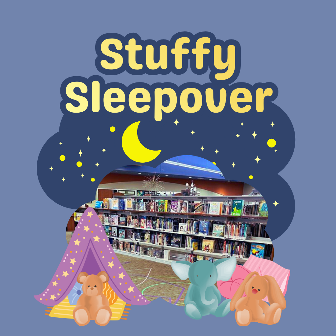 Cuddly stuffed animals having a sleepover with an image of the library shelves in the background.