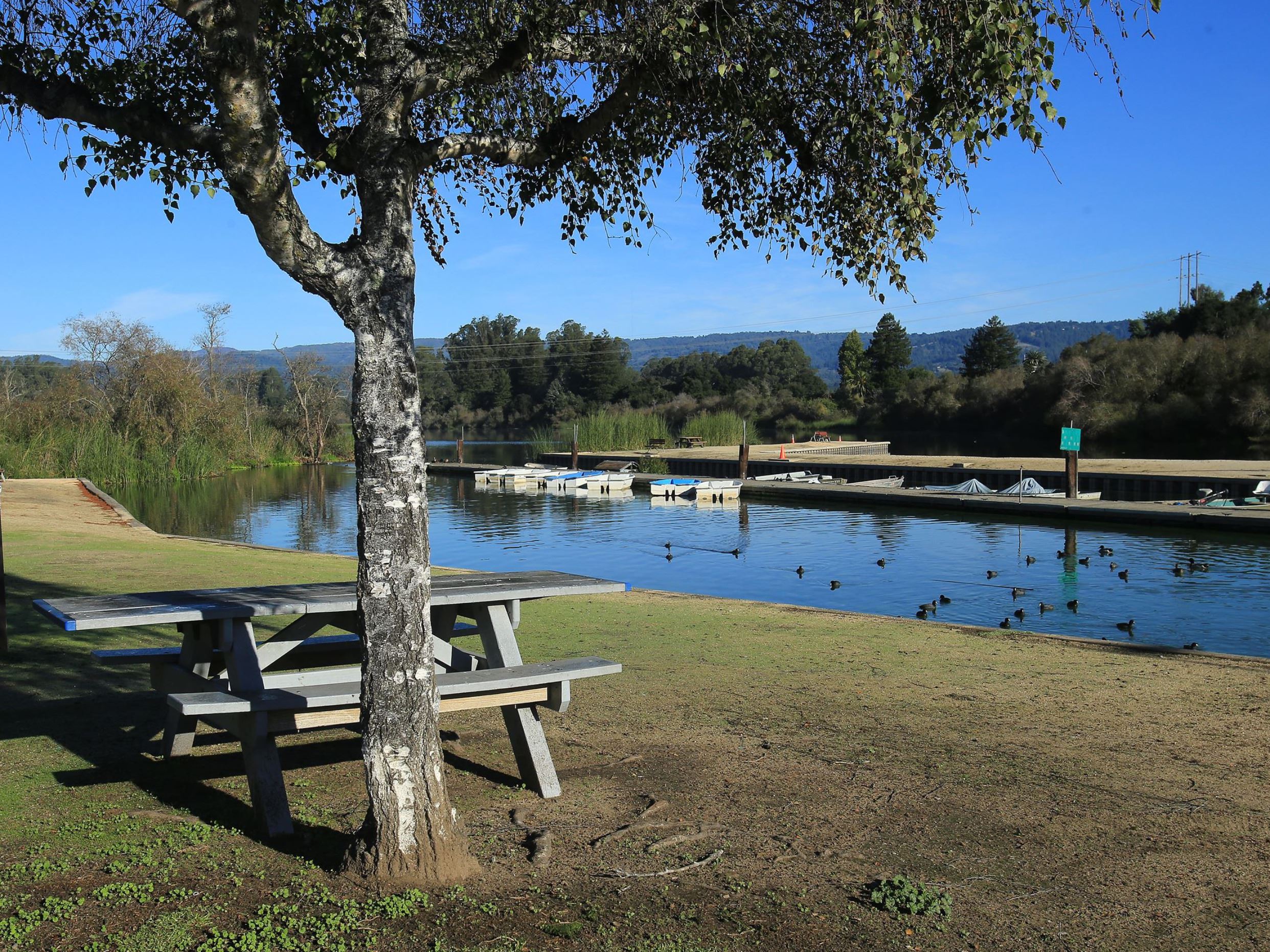 Pinto lake picnic tables next to water