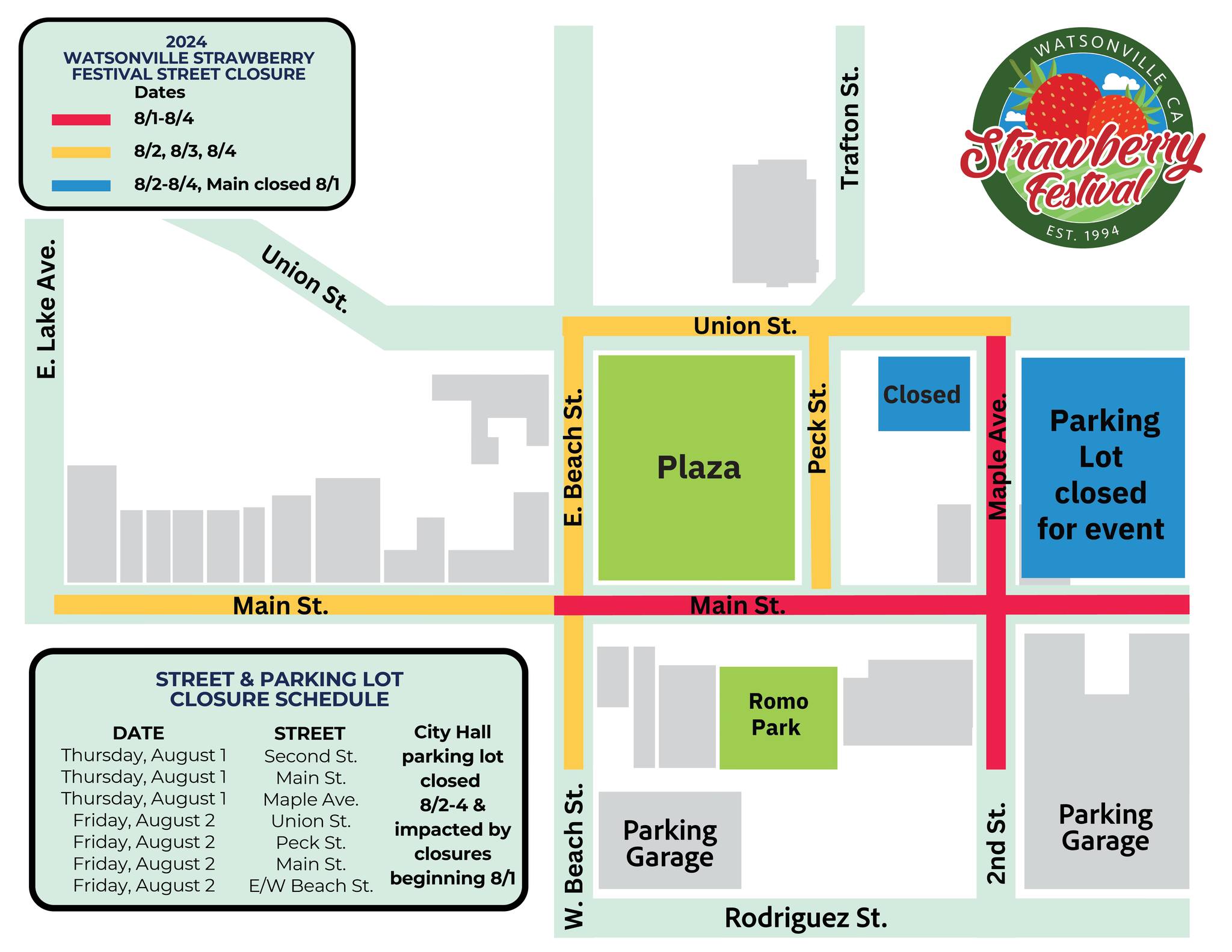 A map detailing the street closures for the 2024 Strawberry Festival 