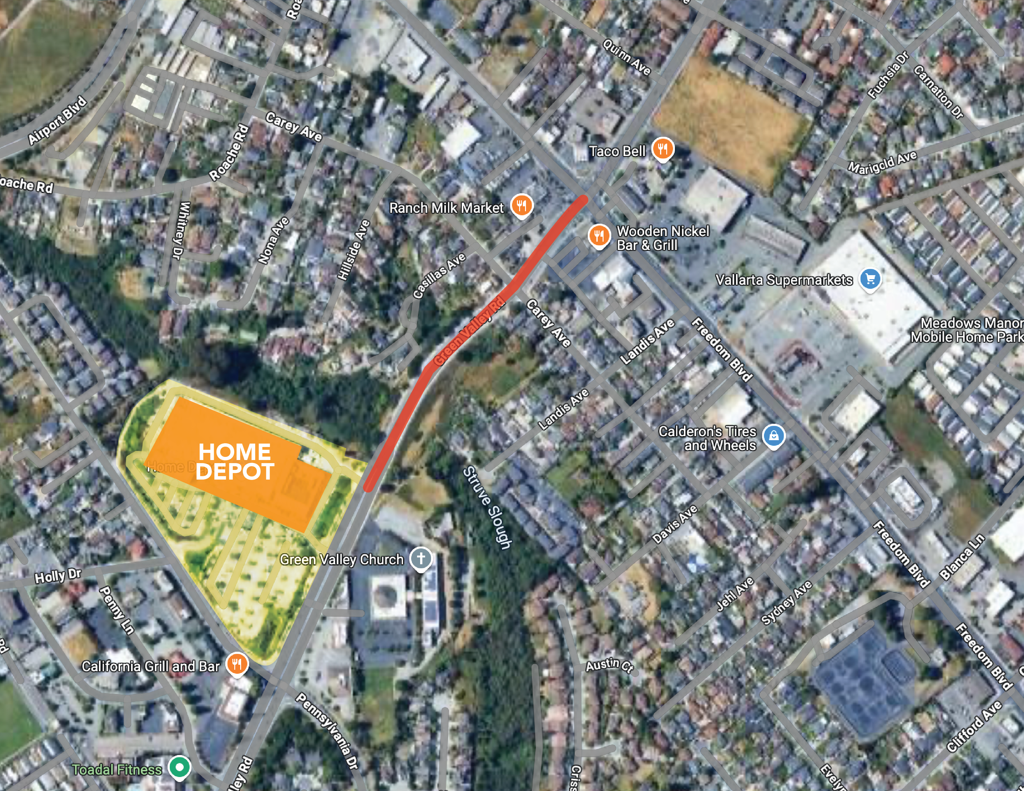 A google map of green valley road highlighting where road closures will take place