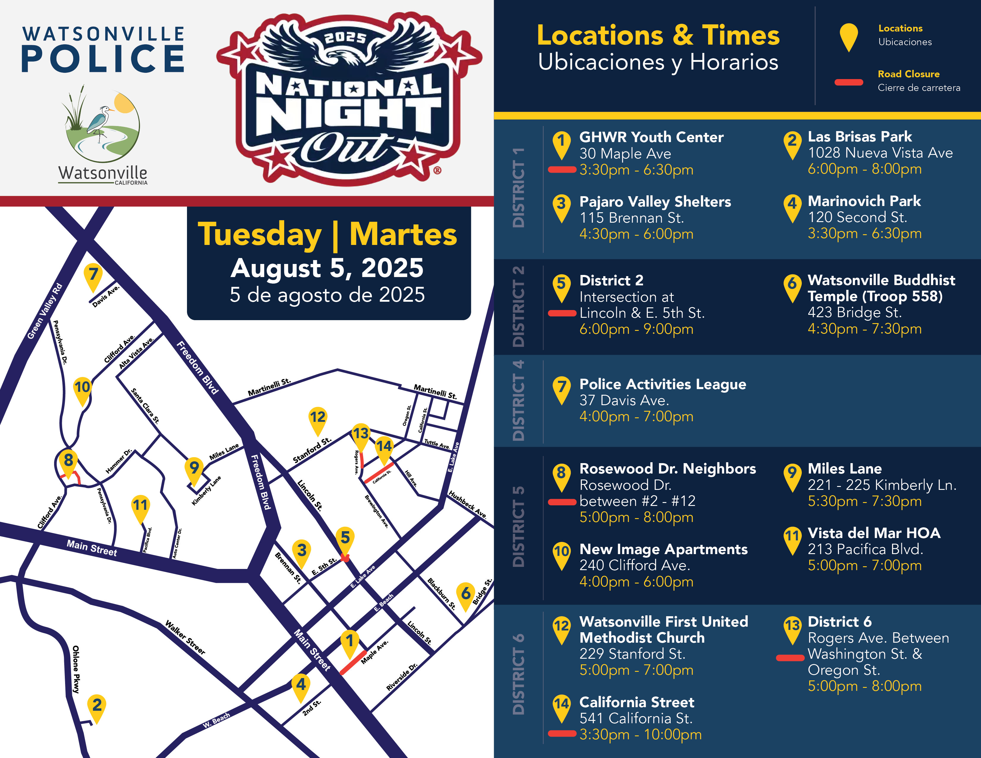 A map of the 14 sites that will be hosting National Night Out 